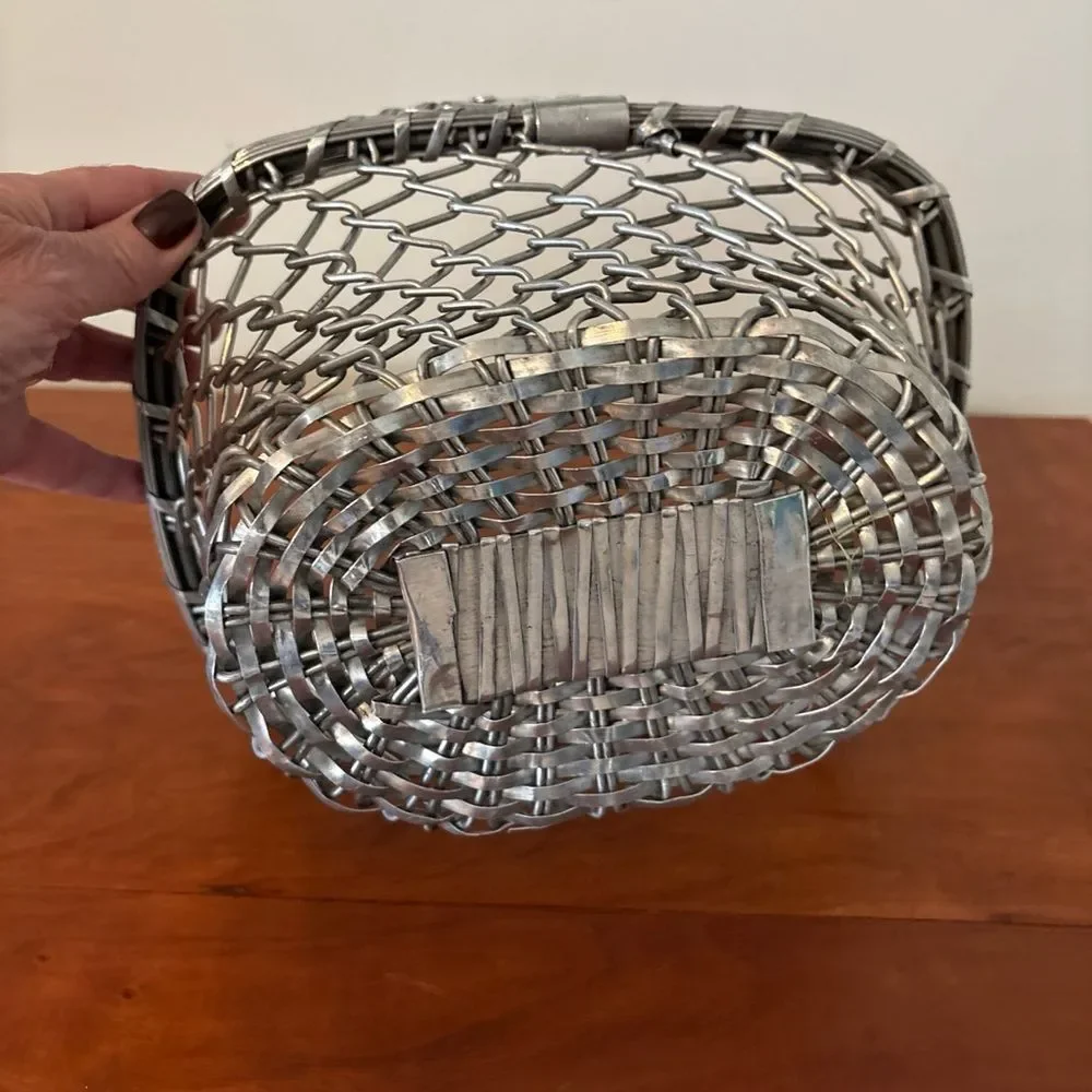 Vintage Woven Metal Wire Basket Braided Handle Rustic Farmhouse Decor Storage